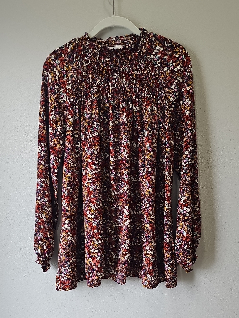 Molly Bracken Multicolor Floral Smocked Top - Burgundy, Mustard, Teal